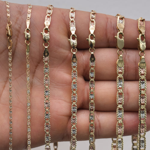 14KT Gold Chain Solid Tri Tone Square Valentino with Diamond Cut Edge and Lobster Clasp 1.3mm