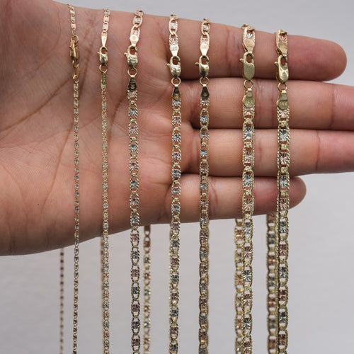 14KT Gold Chain Solid Tri Tone Square Valentino with Diamond Cut Edge and Lobster Clasp 1.3mm