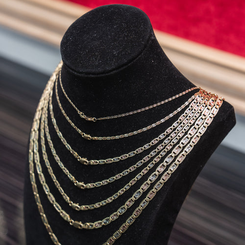 14KT Gold Chain Solid Tri Tone Square Valentino with Diamond Cut Edge and Lobster Clasp 4mm