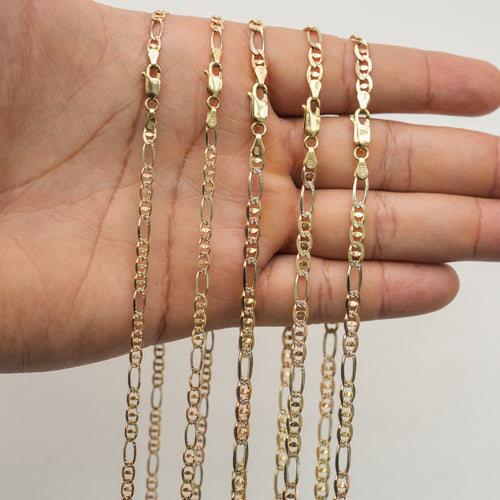 14KT Gold Chain Solid Tri Tone Figaro Mariner 2mm