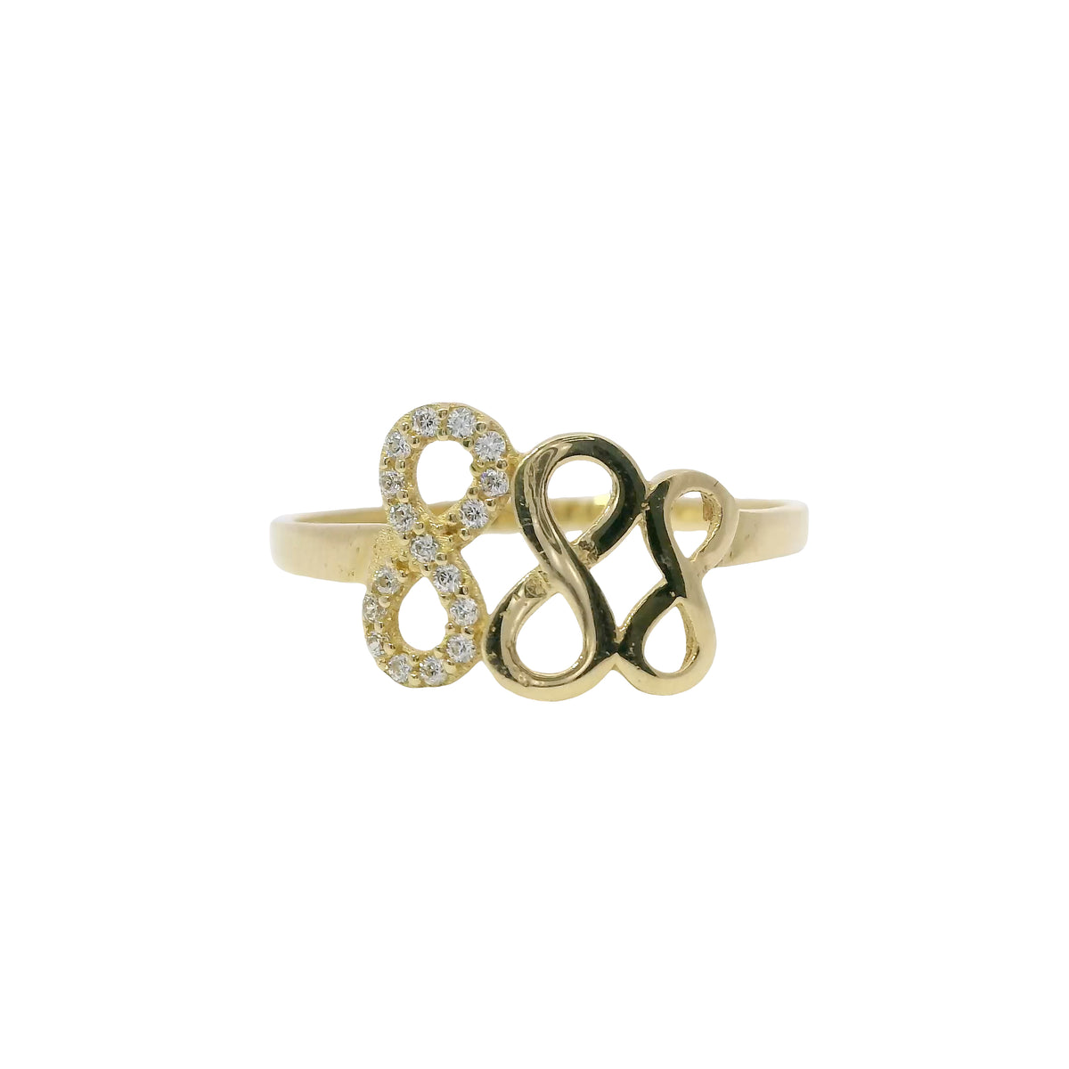 14KT Gold Ring Women's Triple Infinity Loop One White CZ Stone and Two Plain Loops with Plain Band