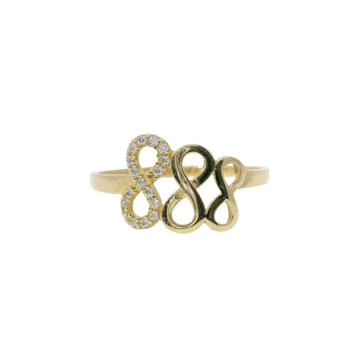 14KT Gold Ring Women's Triple Infinity Loop One White CZ Stone and Two Plain Loops with Plain Band