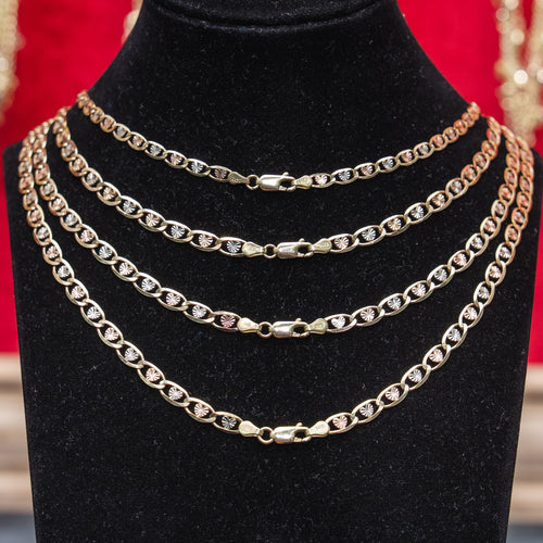 14KT Gold Chain Solid Tri Tone Heart Valentino with Plain Edge and Lobster Clasp 1.5mm