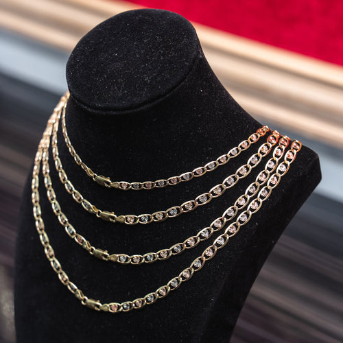14KT Gold Chain Solid Tri Tone Heart Valentino with Plain Edge and Lobster Clasp 1.5mm