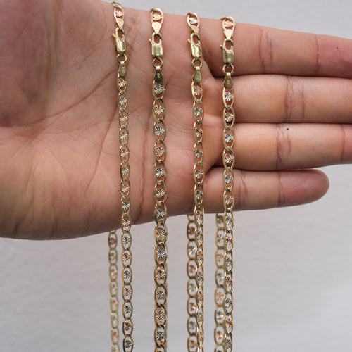 14KT Gold Chain Solid Tri Tone Heart Valentino with Plain Edge and Lobster Clasp 1.5mm