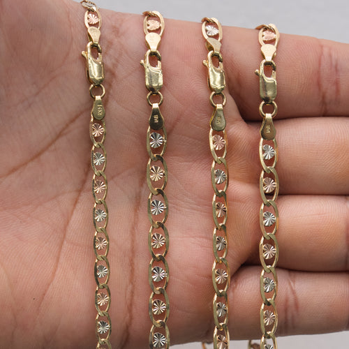14KT Gold Chain Solid Tri Tone Heart Valentino with Plain Edge and Lobster Clasp 1.5mm