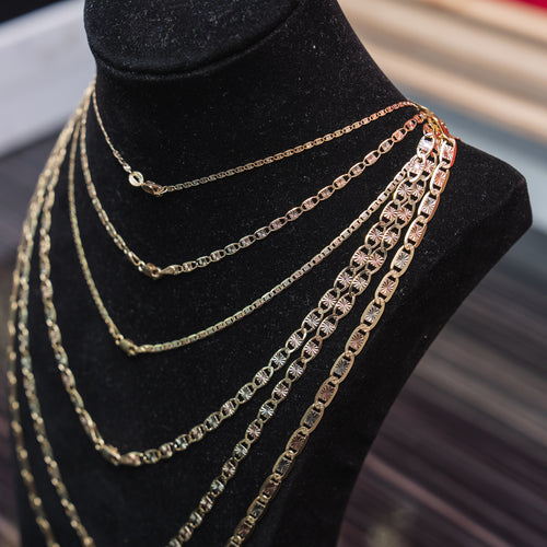 14KT Gold Chain Solid Tri Tone Square Valentino with Plain Edge and Spring Lock Clasp 2mm