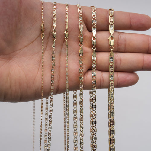 14KT Gold Chain Solid Tri Tone Square Valentino with Plain Edge and Spring Lock Clasp 2mm