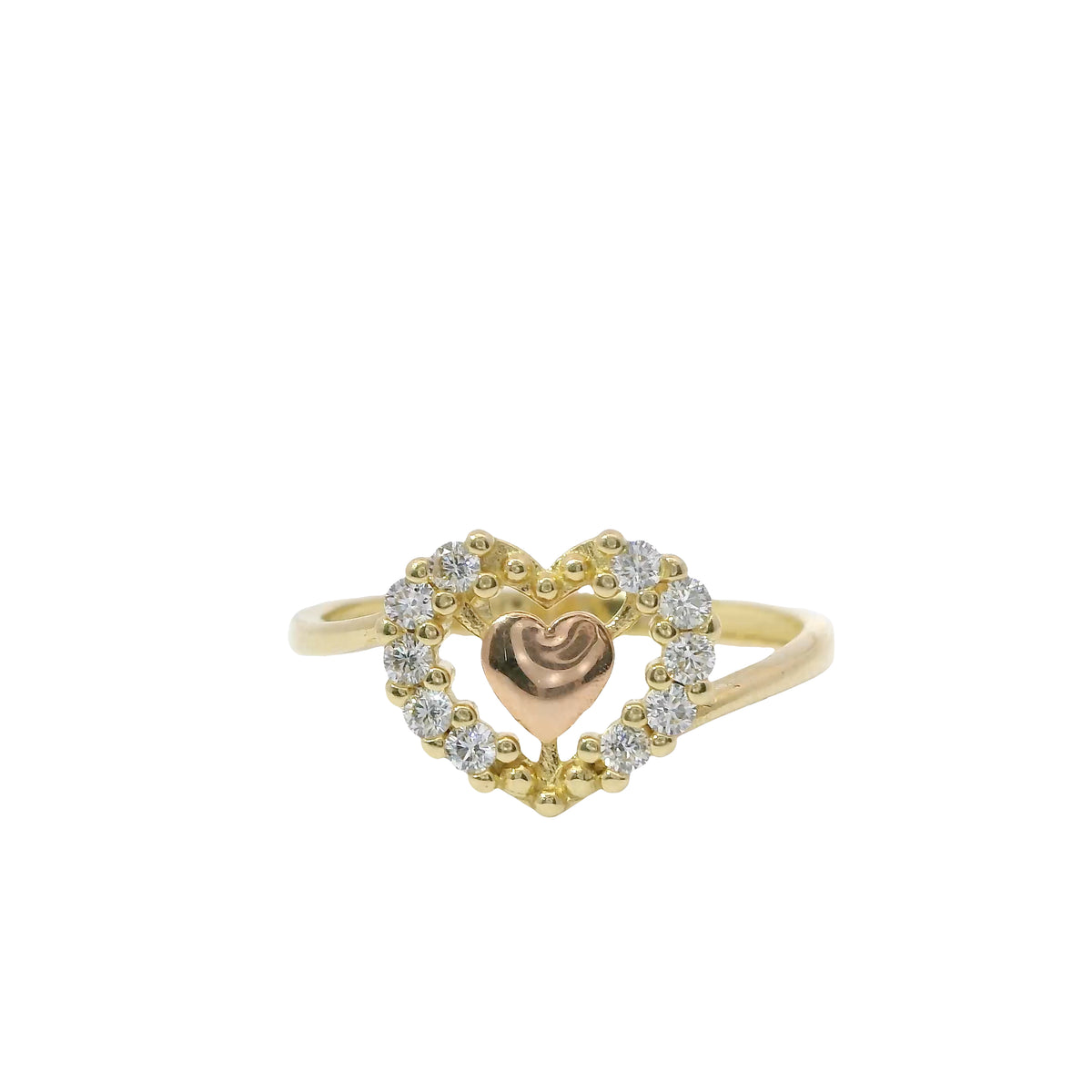 14KT Gold Ring Women's Two Tone Plain Rose Gold Center with White CZ Stones Outline Border and Asymmetrical Plain Band