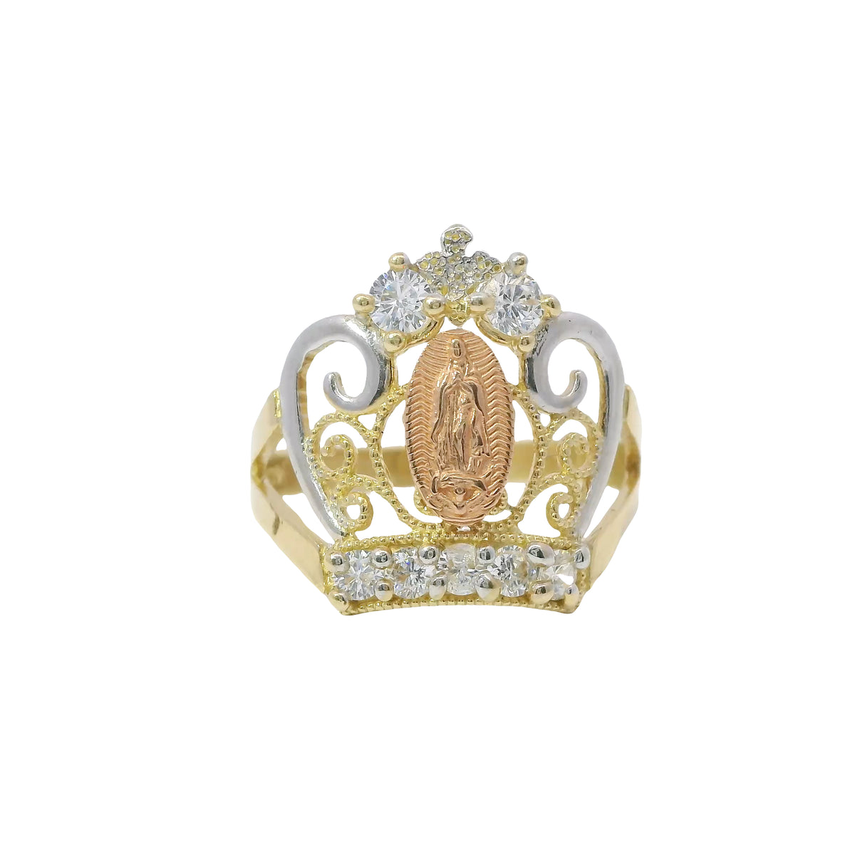 14KT Gold Ring Women's Tri Tone Virgin Mary Tiara with Two White CZ Top Stones and Five White CZ Stones Tiara Band with Plain Split Band
