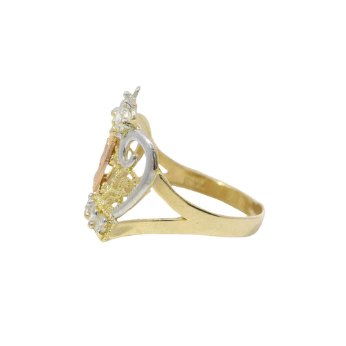 14KT Gold Ring Women's Tri Tone Virgin Mary Tiara with Two White CZ Top Stones and Five White CZ Stones Tiara Band with Plain Split Band