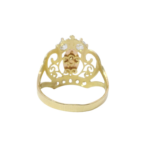 14KT Gold Ring Women's Tri Tone Virgin Mary Tiara with Two White CZ Top Stones and Five White CZ Stones Tiara Band with Plain Split Band