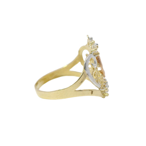 14KT Gold Ring Women's Tri Tone Virgin Mary Tiara with Two White CZ Top Stones and Five White CZ Stones Tiara Band with Plain Split Band