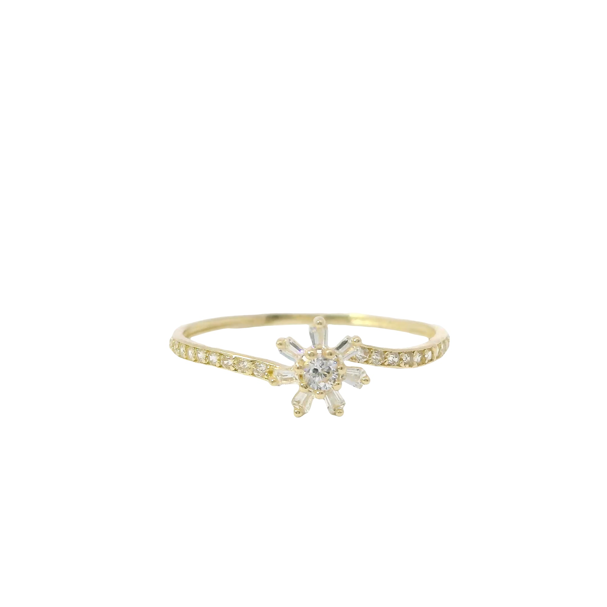 14KT Gold Ring Women's Light Weight White CZ Stone Snowflake Center with White CZ Stone Band