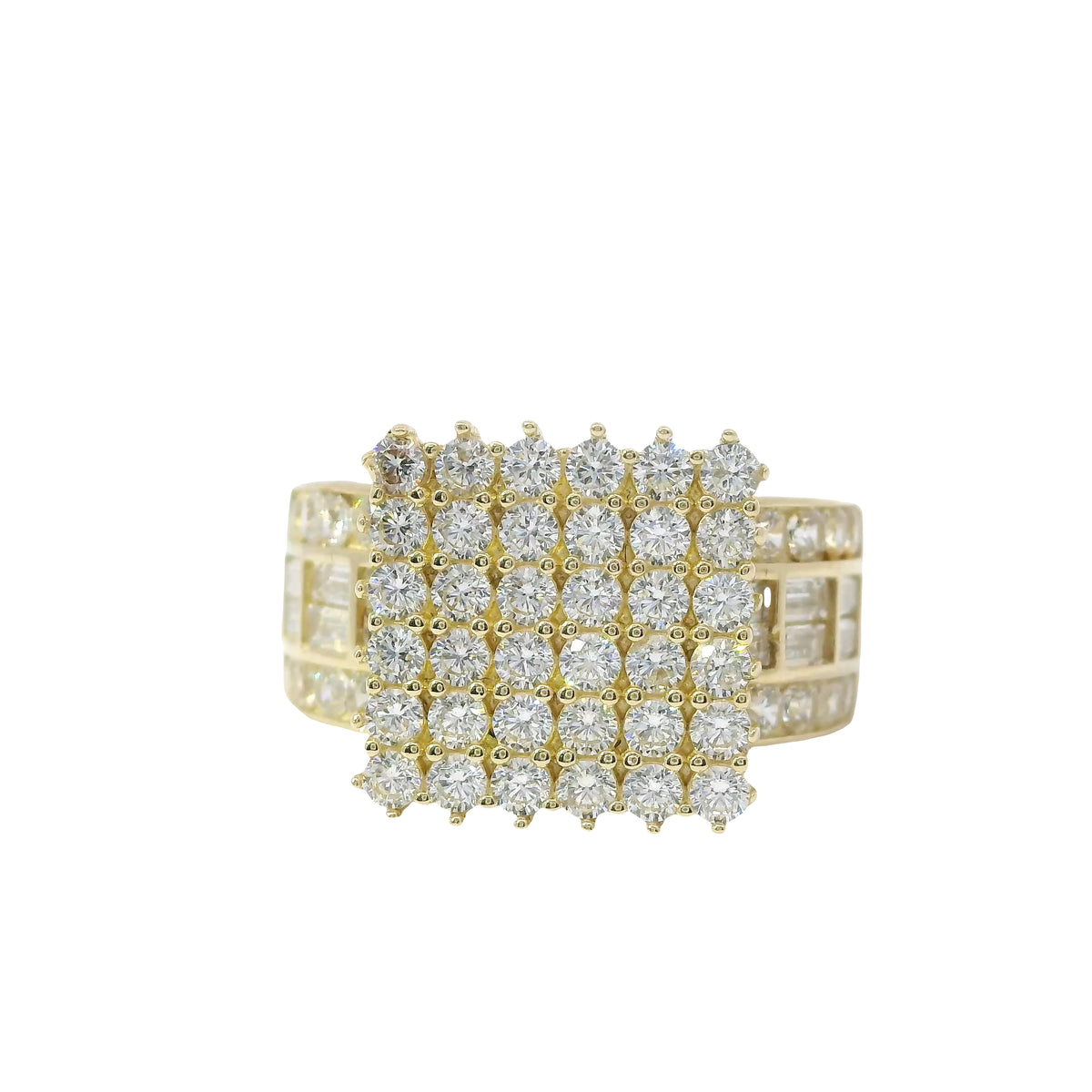 14KT Gold Ring Women's Mini Square Four Prong Six Row White CZ Stones Cluster with Three Sections of Two CZ Baguettes with Single Row of Round White CZ Stones Border Band