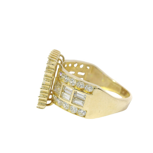 14KT Gold Ring Women's Mini Square Four Prong Six Row White CZ Stones Cluster with Three Sections of Two CZ Baguettes with Single Row of Round White CZ Stones Border Band