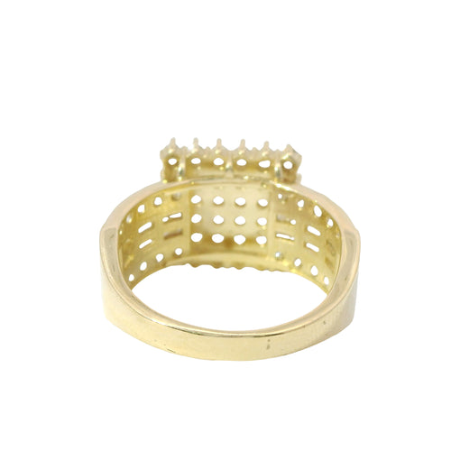 14KT Gold Ring Women's Mini Square Four Prong Six Row White CZ Stones Cluster with Three Sections of Two CZ Baguettes with Single Row of Round White CZ Stones Border Band