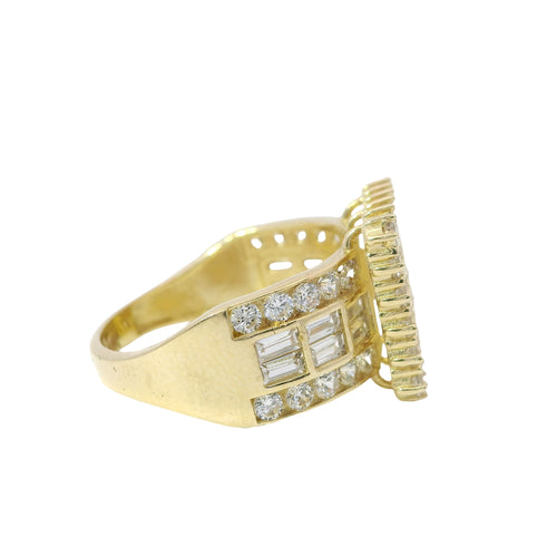 14KT Gold Ring Women's Mini Square Four Prong Six Row White CZ Stones Cluster with Three Sections of Two CZ Baguettes with Single Row of Round White CZ Stones Border Band
