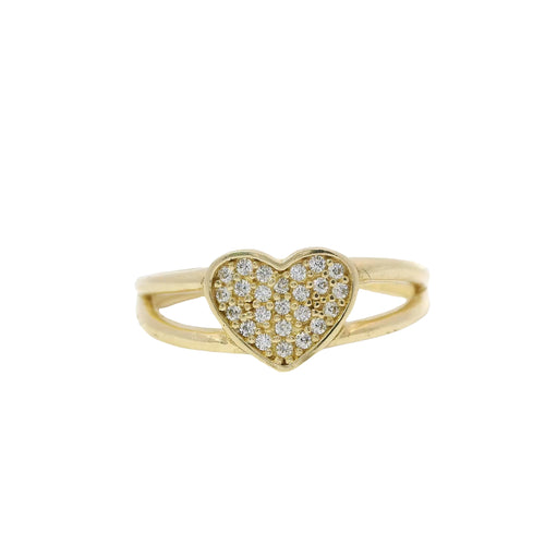 14KT Gold Ring Women's White CZ Stones Heart Cluster Center with Plain Split Band