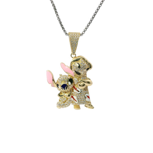 14KT Gold Charm Large Lilo and Stich with Enamel Highlights and White CZ Stone Body and Bell