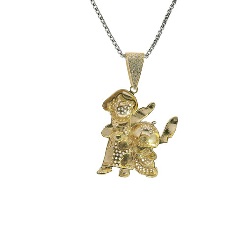 14KT Gold Charm Large Lilo and Stich with Enamel Highlights and White CZ Stone Body and Bell
