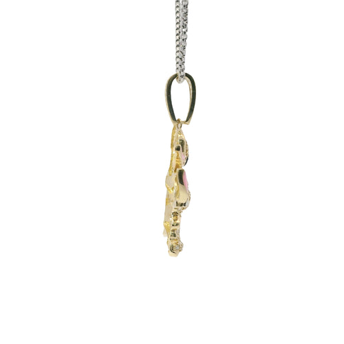 14KT Gold Charm Large Lilo and Stich with Enamel Highlights and White CZ Stone Body and Bell