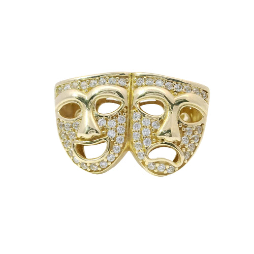 14KT Gold Ring Women's White CZ Stones "Laugh Now Cry Later" Masks with Plain Band