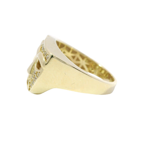 14KT Gold Ring Women's White CZ Stones "Laugh Now Cry Later" Masks with Plain Band