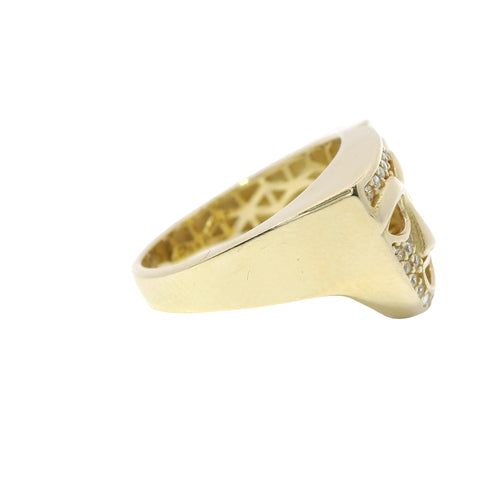 14KT Gold Ring Women's White CZ Stones "Laugh Now Cry Later" Masks with Plain Band
