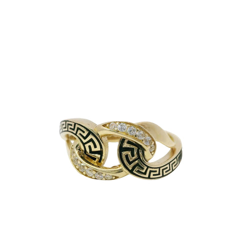 14KT Gold Ring Women's Mini White CZ Stones Link Center with Black Enamel Greek Lasso Loops on Each Side and Plain Split Band