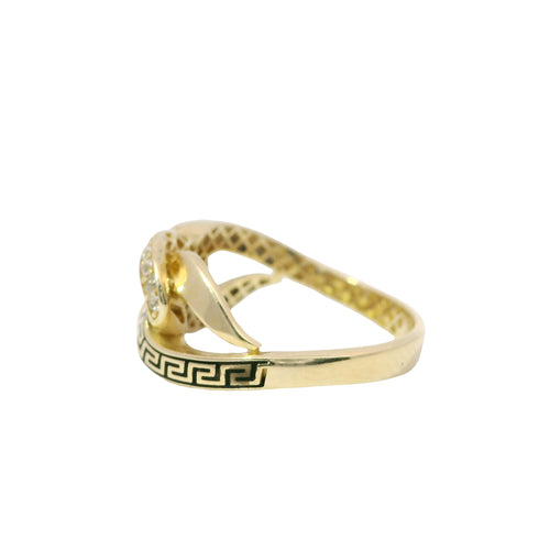 14KT Gold Ring Women's Mini White CZ Stones Link Center with Black Enamel Greek Lasso Loops on Each Side and Plain Split Band