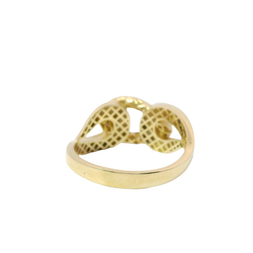 14KT Gold Ring Women's Mini White CZ Stones Link Center with Black Enamel Greek Lasso Loops on Each Side and Plain Split Band
