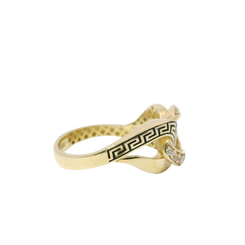 14KT Gold Ring Women's Mini White CZ Stones Link Center with Black Enamel Greek Lasso Loops on Each Side and Plain Split Band
