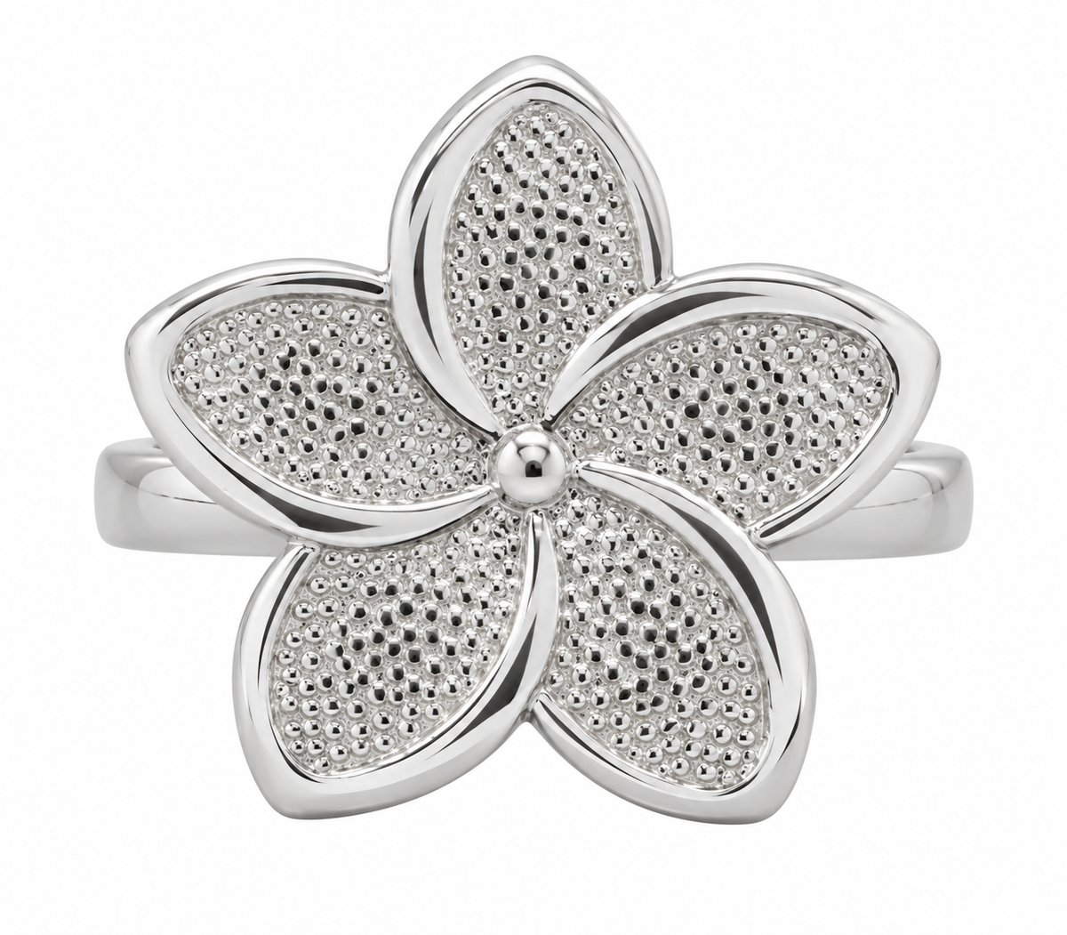 14KT White Gold Ring Women's Medium Hibiscus Flower with Sandblasted Petals and Plain Split Band