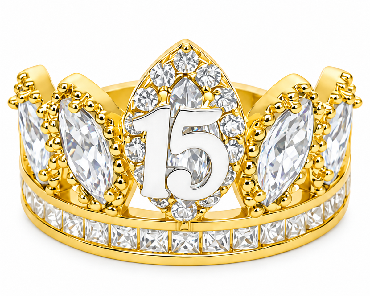 14KT Gold Ring Women's "15" Quinceanera Crown White Marquise CZ Stones with Round White CZ Stones Border and White Square CZ Stones Band