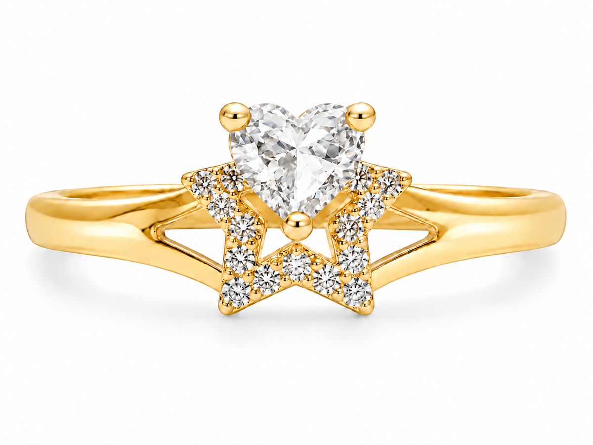 14KT Gold Ring Women's White CZ Stone Heart Top Stone with White CZ Stones Border Outline Only Star Shape Plain Split Band