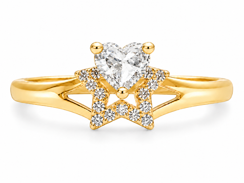 14KT Gold Ring Women's White CZ Stone Heart Top Stone with White CZ Stones Border Outline Only Star Shape Plain Split Band