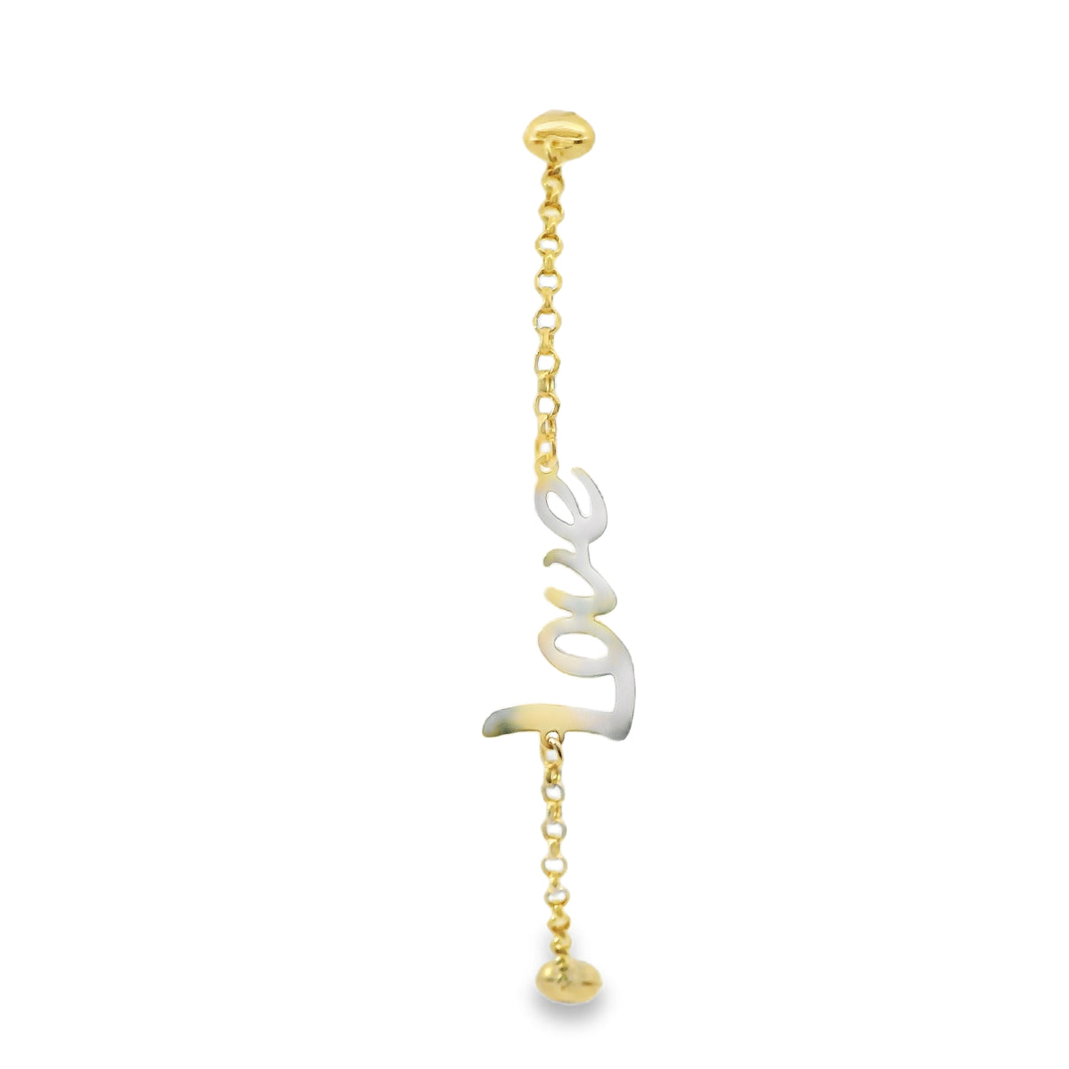 14KT Gold Bracelet Women's Three Charm Love Center with Cable Link Band and with Two Puff Hearts, White CZ Stone Ends, and Lobster Clasp