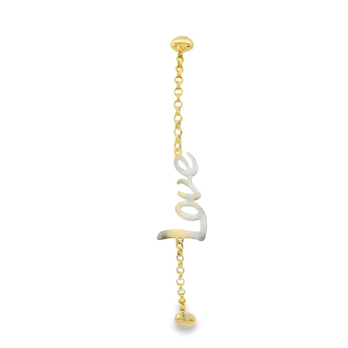 14KT Gold Bracelet Women's Three Charm Love Center with Cable Link Band and with Two Puff Hearts, White CZ Stone Ends, and Lobster Clasp