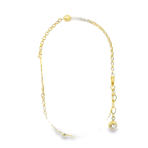 14KT Gold Bracelet Women's Three Charm Love Center with Cable Link Band and with Two Puff Hearts, White CZ Stone Ends, and Lobster Clasp