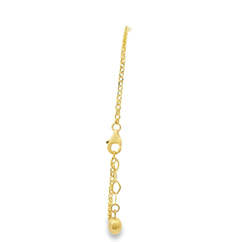 14KT Gold Bracelet Women's Three Charm Love Center with Cable Link Band and with Two Puff Hearts, White CZ Stone Ends, and Lobster Clasp