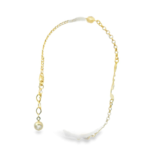 14KT Gold Bracelet Women's Three Charm Love Center with Cable Link Band and with Two Puff Hearts, White CZ Stone Ends, and Lobster Clasp
