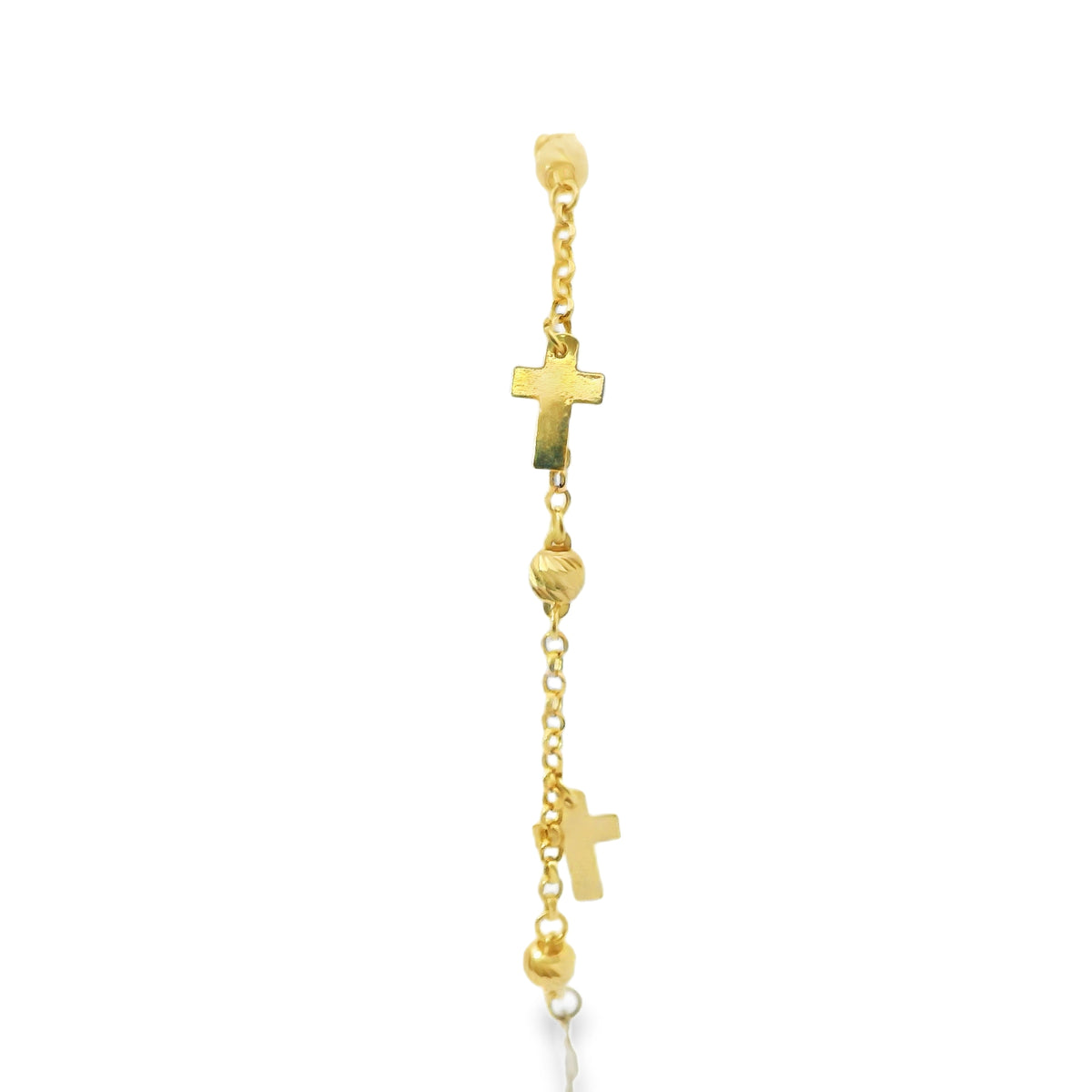 14KT Gold Bracelet Women's Three Charm Plain Cross with White CZ Stone End Cable Link Lobster Clasp Band