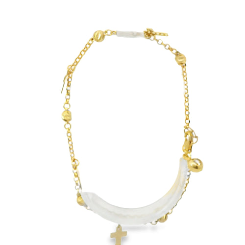 14KT Gold Bracelet Women's Three Charm Plain Cross with White CZ Stone End Cable Link Lobster Clasp Band