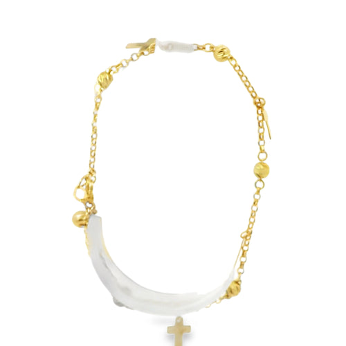 14KT Gold Bracelet Women's Three Charm Plain Cross with White CZ Stone End Cable Link Lobster Clasp Band