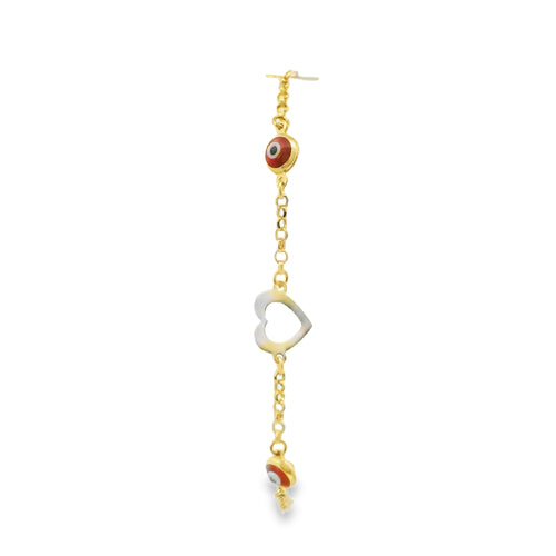 14KT Gold Bracelet Women's Three Charm Open Heart Center with Cable Link Band and with Two Red Evil Eyes links, White CZ Stone Ends, and Lobster Clasp