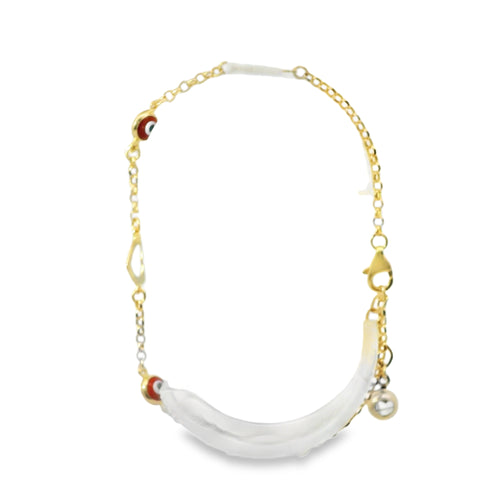 14KT Gold Bracelet Women's Three Charm Open Heart Center with Cable Link Band and with Two Red Evil Eyes links, White CZ Stone Ends, and Lobster Clasp