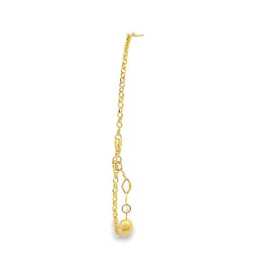 14KT Gold Bracelet Women's Three Charm Open Heart Center with Cable Link Band and with Two Red Evil Eyes links, White CZ Stone Ends, and Lobster Clasp