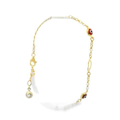 14KT Gold Bracelet Women's Three Charm Open Heart Center with Cable Link Band and with Two Red Evil Eyes links, White CZ Stone Ends, and Lobster Clasp