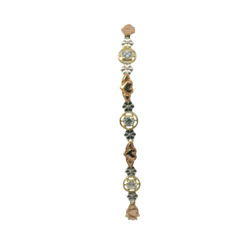 14KT Gold Bracelet Women's Tri Tone Tennis with Alternating White CZ Stones, Flowers, and Double Horizontal Hearts Pattern with Beaded Border and Lobster Clasp